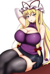 Rule 34 | 1girl, absurdres, alternate costume, arm at side, arm behind head, bare shoulders, black skirt, black thighhighs, blonde hair, blush, bow, breasts, cleavage, cleavage cutout, clothing cutout, come hither, condom, curvy, desk, elbow gloves, gloves, hair bow, half-closed eyes, hat, highres, holding, holding condom, huge breasts, isshin (sasayamakids), long hair, looking at viewer, miniskirt, mob cap, on desk, open mouth, outline, purple eyes, purple shirt, red ribbon, ribbon, shiny clothes, shiny skin, shirt, side slit, sidelocks, sitting, skindentation, skirt, sleeveless, sleeveless shirt, solo, thick thighs, thighhighs, thighs, touhou, very long hair, white gloves, white hat, wide hips, yakumo yukari