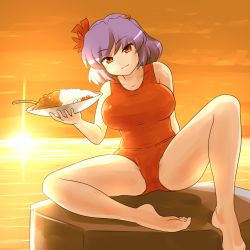 Rule 34 | 1girl, barefoot, breasts, curry, feet, food, hair ornament, large breasts, one-piece swimsuit, plate, purple hair, red eyes, red one-piece swimsuit, shirosato, sitting, smirk, solo, spread legs, sunset, swimsuit, touhou, yasaka kanako