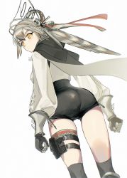 Rule 34 | 1girl, arknights, ass, asymmetrical gloves, black cape, black gloves, black legwear, black shorts, bright pupils, cape, closed mouth, fartooth (arknights), feather hair, feet out of frame, from behind, gloves, grey gloves, high-waist shorts, highres, long sleeves, looking at viewer, looking back, matsuoka (mtok 0), mismatched gloves, puffy long sleeves, puffy sleeves, shorts, solo, standing, thigh strap, thighs, visor cap, yellow eyes