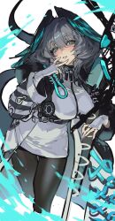 Rule 34 | 1girl, absurdres, arknights, black pantyhose, breasts, cropped legs, dress, fingerless gloves, gloves, green eyes, grey hair, head wings, highres, ho&#039;olheyak (arknights), holding, holding staff, large breasts, long sleeves, looking at viewer, pantyhose, parted lips, short hair, smile, solo, staff, third eye, white dress, white gloves, wings, youling keke