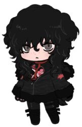 Rule 34 | 1girl, :&lt;, animal ears, animal hands, black footwear, black gloves, black hair, black jacket, black pants, black shirt, borrowed character, brown eyes, chest harness, chibi, closed mouth, curly hair, dog ears, dog girl, dog tail, freckles, full body, fur-trimmed jacket, fur-trimmed sleeves, fur trim, gloves, hair between eyes, harness, jacket, jacket partially removed, lapithai, long hair, long sleeves, looking at viewer, lowres, open clothes, original, pants, paw gloves, shirt, simple background, solo, standing, tail, transparent background
