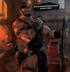 Rule 34 | 3boys, apron, bandaged arm, bandages, bara, beard, black apron, black hair, black headband, blacksmith, chest hair, dopey (dopq), dwarf, english text, facial hair, headband, height difference, highres, holding, holding weapon, large pectorals, looking at another, male focus, multiple boys, muscular, muscular male, one eye closed, original, pectorals, short hair, smile, teeth, thick thighs, thighs, weapon
