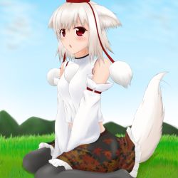 Rule 34 | 1girl, animal ears, bare shoulders, black pantyhose, blush, breasts, day, detached sleeves, grass, hat, hiiiigo, inubashiri momiji, looking at viewer, medium breasts, midriff, open mouth, pantyhose, pom pom (clothes), red eyes, short hair, silver hair, sitting, sky, solo, tail, tail wagging, tokin hat, touhou, wariza, wolf ears, wolf tail