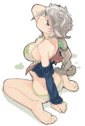 Rule 34 | 10s, 1girl, adapted costume, arm up, bare shoulders, barefoot, bikini, braid, breasts, cloud print, female focus, full body, hair ornament, jacket, kantai collection, large breasts, long hair, looking at viewer, looking back, pinero, removing jacket, silver hair, simple background, single braid, sitting, smile, solo, swimsuit, unryuu (kancolle), very long hair, wariza, yellow eyes