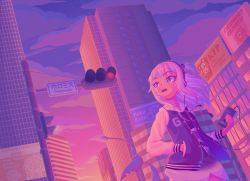 Rule 34 | 1girl, blue eyes, blue hair, city, gawr gura, hand in pocket, hololive, hololive english, jacket, long hair, long sleeves, looking away, multicolored hair, outdoors, parted lips, sharp teeth, solo, streaked hair, sunset, teeth, upper teeth only, virtual youtuber, white hair, zetxune