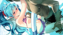 Rule 34 | 1girl, bikini, bikini bottom aside, bikini top lift, blue hair, bottomless, breasts, censored, character request, closed mouth, clothed sex, clothes lift, clothing aside, day, floating hair, game cg, grabbing, grabbing another&#039;s breast, hair between eyes, hair ornament, hair scrunchie, hetero, iolite link, leg grab, long hair, looking away, medium breasts, mosaic censoring, nipples, ocean, official art, outdoors, penis, pink bikini, ponytail, red eyes, red scrunchie, scrunchie, sex, striped bikini, striped clothes, sweatdrop, swimsuit, vaginal, very long hair