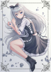 Rule 34 | 1girl, black dress, black footwear, black ribbon, blue eyes, boots, closed mouth, commentary, dress, english commentary, frilled dress, frills, full body, grey hair, hair between eyes, hair ribbon, high heel boots, high heels, highres, holding, jewelry, lying, on side, original, pendant, petals, puffy short sleeves, puffy sleeves, ribbon, seungju lee, shirt, short sleeves, solo, white shirt