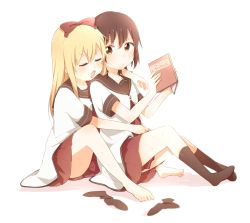 Rule 34 | 2girls, :/, absurdres, arm across waist, arm on another&#039;s shoulder, bafarin, barefoot, behind another, between legs, black legwear, blonde hair, blush, book, bow, brown eyes, brown hair, brown sailor collar, closed eyes, commentary request, expressionless, funami yui, furrowed brow, hair bow, highres, unworn kneehighs, knees up, long hair, looking at viewer, multiple girls, nanamori school uniform, no shoes, open book, open mouth, pleated skirt, red skirt, sailor collar, school uniform, shirt, short hair, short sleeves, simple background, sitting, skirt, sweat, toshinou kyouko, white background, white shirt, yuru yuri
