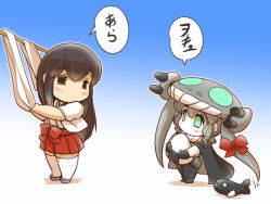 Rule 34 | 10s, 2girls, = =, abyssal ship, akagi (kancolle), chibi, colored skin, cushion, hisahiko, i-class destroyer, kantai collection, laundry, long hair, multiple girls, ribbon, thighhighs, white skin, wo-class aircraft carrier