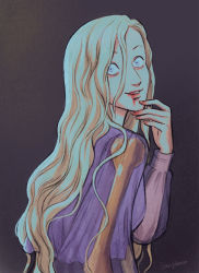 Rule 34 | 1girl, absurdres, bev johnson, blonde hair, blood, blood from mouth, blood on hands, blue eyes, hand on own face, highres, ianthe tridentarius, long hair, long sleeves, looking at viewer, looking back, pale skin, simple background, skeletal arm, smile, solo, the locked tomb, upper body
