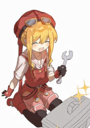 Rule 34 | 1girl, :d, ^ ^, black gloves, blonde hair, boots, closed eyes, commentary request, eiyuu densetsu, gloves, goggles, goggles on head, holding, holding wrench, long hair, open mouth, red footwear, s071c4evkc56194, seiza, simple background, sitting, smile, solo, sora no kiseki, sparkle, tita russell, white background, wrench