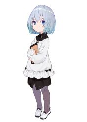 Rule 34 | 1girl, blue eyes, blue hair, book, closed mouth, dress, full body, grey pantyhose, highres, holding, holding book, long sleeves, looking at viewer, pantyhose, ryuuou no oshigoto!, shirabi, shoes, simple background, sleeves past wrists, solo, sora ginko, standing, white background, white dress, white footwear, aged down