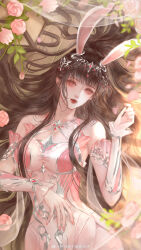 Rule 34 | 1girl, absurdres, animal ears, artist request, breasts, brown hair, closed mouth, clothing cutout, douluo dalu, dress, expressionless, flower, hair ornament, highres, long hair, lying, medium breasts, on back, petals, pink dress, pink eyes, pink flower, rabbit ears, second-party source, solo, upper body, wooden floor, xiao wu (douluo dalu)