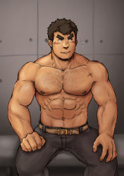 Rule 34 | 1boy, abs, bara, barry go, belt, black pants, blush, brown belt, brown hair, chest hair, dark-skinned male, dark skin, facial hair, feet out of frame, goatee, highres, takabushi kengo, large pectorals, long sideburns, male focus, muscular, muscular male, navel, navel hair, nipples, pants, pectorals, short hair, sideburns, sitting, smile, solo, stomach, stubble, textless version, thick eyebrows, tokyo houkago summoners, topless male