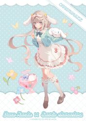 Rule 34 | 1girl, animal ears, aqua bow, aqua jacket, artist name, blue eyes, bow, bow legwear, brown footwear, character name, cinnamoroll, dog ears, dress, fake animal ears, floating hair, frilled dress, frills, full body, hair between eyes, hair bow, highres, jacket, kanda done, kneehighs, light brown hair, loafers, long sleeves, looking at viewer, low twintails, open clothes, open jacket, pink bow, sanrio, shoes, socks, solo, standing, twintails, white dress, white socks, yellow bow