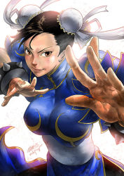 Rule 34 | 1girl, black hair, black pantyhose, blue dress, bracelet, breasts, brown eyes, bun cover, capcom, china dress, chinese clothes, chun-li, double bun, dress, earrings, female focus, fighting stance, gradient background, hair bun, jewelry, large breasts, pantyhose, portrait, puffy short sleeves, puffy sleeves, santa fung, sash, short hair, short sleeves, solo, spiked bracelet, spikes, street fighter