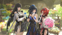 Rule 34 | 3girls, arm strap, baizhi (wuthering waves), bare shoulders, black dress, black eyes, black gloves, black hair, blue eyes, blue headwear, blurry, bouquet, breasts, brown pantyhose, chixia (wuthering waves), cleavage, cleavage cutout, clothing cutout, crop top, depth of field, detached sleeves, dress, flower, gloves, hat, highres, holding, holding bouquet, large breasts, leaning forward, letter, long hair, long sleeves, looking at another, looking at viewer, love letter, midriff, mole, mole under eye, multicolored hair, multiple girls, pantyhose, partially fingerless gloves, pink flower, red eyes, red hair, rose, side slit, single glove, sleeveless, sleeveless dress, smile, standing, streaked hair, tassel, thighs, ttk (kirinottk), very long hair, waist cape, wuthering waves, yangyang (wuthering waves)