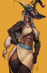 Rule 34 | 1girl, abs, absurdres, black hat, black thighhighs, blending, blue eyes, breasts, commentary, dark-skinned female, dark skin, egyptian, egyptian clothes, english commentary, gorget, grin, hair tubes, halloween costume, hands on own hips, hat, highres, joseph virtuoso, large breasts, long hair, looking at viewer, low-tied long hair, mechanical arms, midriff, muscular, muscular female, narrow waist, navel, notched ear, original, redrawn, side slit, sidelocks, single animal ear, skirt, smile, solo, taiga damada (joseph virtuoso), thighhighs, underboob, white skirt, witch hat, yellow background