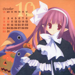 Rule 34 | 1girl, black dress, blush, bow, bowtie, calendar, capelet, disgaea, dress, long sleeves, looking at viewer, mage (disgaea), mitsumi misato, monster, october, prinny, pumpkin, solo, tareme, white bow, white bowtie