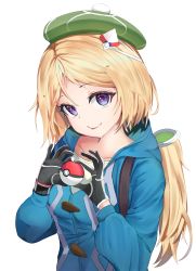 Rule 34 | 1girl, aki rosenthal, black gloves, blonde hair, bob cut, collarbone, cosplay, creatures (company), detached hair, fuenyuan, game freak, gloria (pokemon), gloria (pokemon) (cosplay), gloves, green hat, hat, highres, holding, holding poke ball, hololive, long hair, looking at viewer, nintendo, parted bangs, poke ball, poke ball (basic), pokemon, pokemon swsh, purple eyes, tongue, tongue out, virtual youtuber, white background