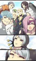 Rule 34 | 3koma, black hair, black sclera, blonde hair, blue eyes, blue hair, blue sky, cloud, colored sclera, comic, commentary, crying, formaggio, ghiaccio, green eyes, grey hair, hair over one eye, highres, illuso, jojo no kimyou na bouken, looking at viewer, lznustrpo, melone, no eyewear, pesci, prosciutto, purple hair, red eyes, risotto nero, sky, smile, vento aureo