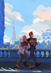 Rule 34 | 2boys, aziraphale (good omens), black jacket, blue sky, book, bow, bowtie, brown pants, building, closed mouth, cloud, cloudy sky, coat, crowley (good omens), day, eiffel tower, full body, good omens, highres, holding, holding book, jacket, looking at another, male focus, multiple boys, open mouth, outdoors, pants, paris, pikipouet, procreate (medium), red hair, short hair, sky, sunglasses, sweatdrop, walking, white coat, white hair, yellow bow, yellow bowtie