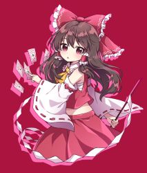 Rule 34 | 1girl, amulet, ascot, bad id, bad twitter id, bandages, bare shoulders, black eyes, bow, brown hair, collar, collared shirt, detached sleeves, frills, from side, gohei, hair between eyes, hair ornament, hair tubes, hakurei reimu, hand up, highres, kaoling, long hair, long sleeves, looking at viewer, medium hair, open mouth, pink eyes, red background, red bow, red shirt, red skirt, shadow, shirt, skirt, solo, touhou, white sleeves, wide sleeves, yellow ascot