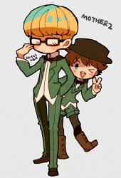Rule 34 | &gt; o, 2boys, 73 (naa), black bow, black bowtie, black headwear, blonde hair, blush, bow, bowl cut, bowtie, brown footwear, brown hair, collared shirt, copyright name, freckles, full body, glasses, green jacket, green pants, green shorts, jacket, jeff andonuts, long hair, male focus, mother (game), mother 2, multiple boys, nintendo, one eye closed, open mouth, pants, shirt, short hair, shorts, simple background, standing, tony (mother 2), v, white shirt