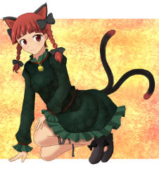Rule 34 | 1girl, animal ears, bad id, bad pixiv id, bell, braid, cat ears, cat girl, cat tail, dress, extra ears, female focus, goro, jingle bell, kaenbyou rin, multiple tails, no socks, red eyes, red hair, solo, tail, touhou, twin braids