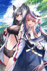 Rule 34 | 2girls, :d, animal ear fluff, animal ears, arknights, bare shoulders, belt, black belt, black bow, black scarf, black shorts, blue dress, blue feathers, blue sky, bow, breasts, cat ears, ceylon (arknights), chromatic aberration, cleavage, cloud, commentary request, cowboy shot, coyucom, crop top, day, dress, feather hair, feathers, gloves, hair over one eye, hat, hat bow, hexagram, highres, jacket, long hair, looking at viewer, medium breasts, midriff, multiple girls, navel, off shoulder, open clothes, open jacket, open mouth, outdoors, pink hair, scarf, schwarz (arknights), shirt, short shorts, shorts, silver hair, sky, smile, standing, star of david, stomach, thighs, very long hair, white gloves, white headwear, white jacket, white shirt, yellow eyes