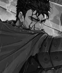 Rule 34 | 1boy, absurdres, armor, berserk, berserker armor, black hair, blood, blood on face, cape, commentary request, greyscale, guts (berserk), highres, looking at viewer, male focus, monochrome, nitouchesiji, scar, scar on face, scar on nose, short hair, solo, upper body