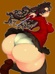 Rule 34 | 1girl, ass, bad anatomy, bad proportions, black hair, black thighhighs, blue eyes, bow, breasts, brown hair, fate/stay night, fate (series), female focus, h hiroma, hair bow, hair ribbon, hip focus, huge ass, long hair, looking back, miniskirt, ribbon, skirt, solo, sword, thick thighs, thighhighs, thighs, tohsaka rin, turtleneck, twintails, weapon, wide hips, zettai ryouiki