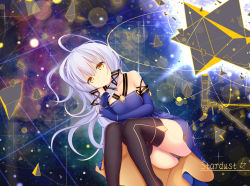 Rule 34 | 1girl, absurdres, black panties, black thighhighs, blue dress, blue gloves, collarbone, dress, elbow gloves, gloves, highres, jyt, long hair, lying, on side, panties, silver hair, smile, solo, thighhighs, underwear, vocaloid, xingchen, yellow eyes
