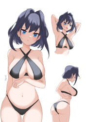 Rule 34 | 1girl, anyacchi, armpits, ass, bikini, black bikini, black bra, black panties, blue eyes, blue hair, bra, breasts, butt crack, cleavage, collarbone, cross-laced bikini, cross-laced clothes, from behind, groin, head tilt, hololive, hololive english, large breasts, legs, looking at viewer, medium hair, navel, open mouth, ouro kronii, panties, short hair, sideboob, smile, solo, standing, star (symbol), swimsuit, thigh gap, thighs, underwear, virtual youtuber, white background