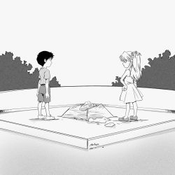 Rule 34 | 1boy, 1girl, child, dress, the end of evangelion, hair ornament, highres, ikari shinji, looking at another, monochrome, neon genesis evangelion, sand, shorts, souryuu asuka langley, standing, aged down