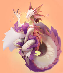 Rule 34 | abstract background, absurdres, animal focus, blue eyes, bubble, claws, closed mouth, dripping, fins, fox, frills, full body, head fins, highres, long tail, mizutsune, monster hunter (series), no humans, orange background, purple fur, scales, solo, suggestive fluid, tail, vignetting, wiosvikulan, yellow background
