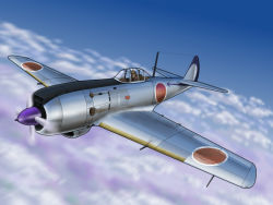 Rule 34 | aircraft, airplane, cloud, day, flying, military, nakajima ki-84 hayate, no humans, sky, vehicle focus, world war ii, yontouhei