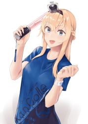 Rule 34 | 1girl, alternate costume, blonde hair, blue eyes, braid, commentary request, copyright name, crown, french braid, hands up, hiiragii (hiiragi 0404), kantai collection, light stick, long hair, mini crown, open mouth, shirt, smile, solo, t-shirt, warspite (kancolle)