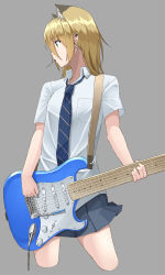 Rule 34 | 1girl, animal ear fluff, animal ears, arai kogane, blonde hair, blue necktie, blue skirt, candy, chupa chups, collared shirt, commentary request, diagonal-striped clothes, diagonal-striped necktie, earrings, food, food in mouth, green eyes, grey background, guitar, highres, holding, holding instrument, instrument, jewelry, lollipop, long hair, music, necktie, original, playing instrument, pocket, school uniform, shirt, short sleeves, simple background, skirt, solo, striped clothes, white shirt