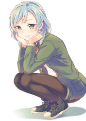 Rule 34 | 1girl, aqua hair, bang dream!, black footwear, black pantyhose, bow, braid, denim, denim shorts, e20, elbows on knees, feather necklace, green bow, green eyes, green jacket, grin, hair bow, head rest, high tops, highres, hikawa hina, jacket, long sleeves, looking at viewer, necklace, pantyhose, short hair, short shorts, shorts, side braids, smile, sneakers, solo, squatting, white background