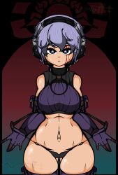 1girl black_background blood blood_from_forehead blue_background breasts closed_mouth elbow_gloves female_focus gloves gluteal_fold gradient_background hair_between_eyes headgear large_breasts looking_at_viewer martyr_(the_citadel) navel pulling_own_clothes purple_eyes purple_gloves purple_hair purple_thighhighs red_background removing_panties shiny_skin simple_background solo solo_focus teasing the_citadel thighhighs thong vaniillatrouble