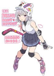 Rule 34 | 1girl, animal ear headwear, bandaid, bandaid on arm, blue skirt, blush, breasts, cevio, character name, dated, elbow pads, fake animal ears, full body, gloves, grey hair, happy birthday, helmet, highres, hockey stick, holding hockey stick, knee pads, koharu rikka, looking at viewer, miniskirt, open mouth, purple eyes, roller skates, shirt, shirt tucked in, short hair, simple background, skates, skirt, sleeves rolled up, small breasts, solo, standing, synthesizer v, teshima nari, white background, white shirt