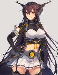 Rule 34 | 1girl, black gloves, breasts, brown hair, elbow gloves, garter belt, gloves, hair between eyes, hands on own hips, highres, kantai collection, kasumi (skchkko), large breasts, long hair, looking at viewer, midriff, miniskirt, nagato (kancolle), navel, parted lips, partially fingerless gloves, puffy short sleeves, puffy sleeves, red eyes, short sleeves, skirt, smile, solo, tassel, thighhighs, very long hair, white skirt, zettai ryouiki