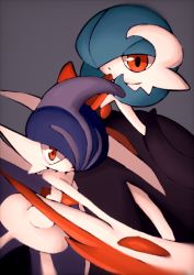 Rule 34 | 1boy, 1girl, alternate color, arm blade, arm up, bare shoulders, black dress, black gloves, blue hair, bob cut, closed mouth, colored skin, cowboy shot, creatures (company), dress, elbow gloves, expressionless, flat chest, gallade, game freak, gardevoir, gen 3 pokemon, gen 4 pokemon, gloves, grey background, hair over one eye, highres, kanoi 70, looking at viewer, mega gallade, mega gardevoir, mega pokemon, mohawk, multicolored hair, nintendo, one eye covered, outstretched arm, pokemon, pokemon (creature), red eyes, shiny pokemon, short hair, simple background, standing, strapless, strapless dress, two-tone hair, weapon, white skin