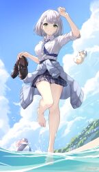 Rule 34 | 1girl, barefoot, green eyes, grey hair, highres, hololive, long sleeves, looking at viewer, necktie, outdoors, shirogane noel, shirt, shoes, short hair, skirt, smile, solo, tsurupy, unworn shoes, virtual youtuber, white shirt