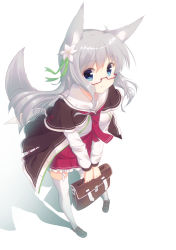 Rule 34 | 1girl, ahoge, animal ears, blue eyes, capelet, flower, fox ears, fox tail, frilled skirt, frills, from above, full body, glasses, grey hair, hair flower, hair ornament, holding, leaning forward, loafers, long hair, looking at viewer, misaki yuu, original, pleated skirt, red-framed eyewear, sailor collar, shadow, shoes, simple background, skirt, smile, solo, suitcase, tail, thighhighs, v arms, white background, white thighhighs