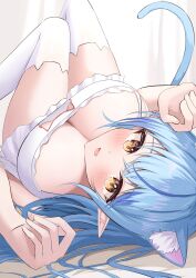 Rule 34 | 1girl, absurdres, animal ear legwear, animal ears, blue hair, bra, cat cutout, cat ear legwear, cat ears, cat girl, cat lingerie, cat tail, cleavage cutout, clothing cutout, commentary, elf, frilled bra, frills, highres, hololive, light blue hair, looking at viewer, lying, meme attire, multicolored hair, on back, onabe no shime, open mouth, paw pose, pointy ears, smile, solo, streaked hair, tail, thighhighs, underwear, underwear only, virtual youtuber, white bra, white thighhighs, yellow eyes, yukihana lamy
