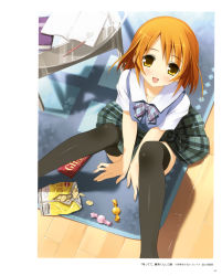 Rule 34 | 1girl, absurdres, black thighhighs, bow, candy, chips (food), chocolate, d:, food, ghana (chocolate), highres, kantoku, knees together feet apart, legs, mat, notebook, open mouth, orange hair, original, plaid, plaid bow, plaid skirt, potato chips, school uniform, short hair, sitting, skirt, table, thighhighs, yellow eyes