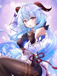 Rule 34 | 1girl, ahoge, arm up, bare shoulders, bell, black pantyhose, blue hair, blush, bow, breasts, chinese knot, detached sleeves, embarrassed, flower knot, ganyu (genshin impact), genshin impact, gold trim, highres, horns, long hair, looking at viewer, low ponytail, medium breasts, neck bell, open mouth, pantyhose, purple eyes, sidelocks, snowflakes, solo, tassel, thighlet, thighs, vision (genshin impact), white sleeves, yua rrrr