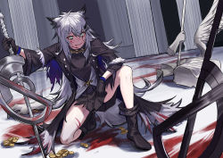 Rule 34 | 1girl, absurdres, adapted costume, ahoge, animal ears, arknights, arm on knee, bare legs, black coat, black footwear, black gloves, black hair, black shirt, black skirt, bleeding, blood, blood on face, boots, breasts, coat, coin, commentary, cuts, gloves, grey eyes, grin, hair between eyes, hair ornament, hairclip, highres, injury, kneeling, kyo (krokikyon), lappland (arknights), lappland (refined horrormare) (arknights), long hair, medium breasts, miniskirt, multicolored hair, official alternate costume, on one knee, open clothes, open coat, pillar, pleated skirt, rubble, shirt, silver hair, skirt, smile, solo, statue, streaked hair, sword, tail, thighs, two-tone hair, weapon, wolf ears, wolf tail